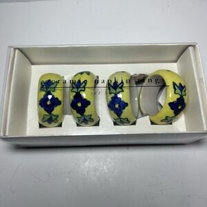New Pier 1 Imports 4 Ceramic Napkin Rings Blue Yellow Flowers India Mexican Art